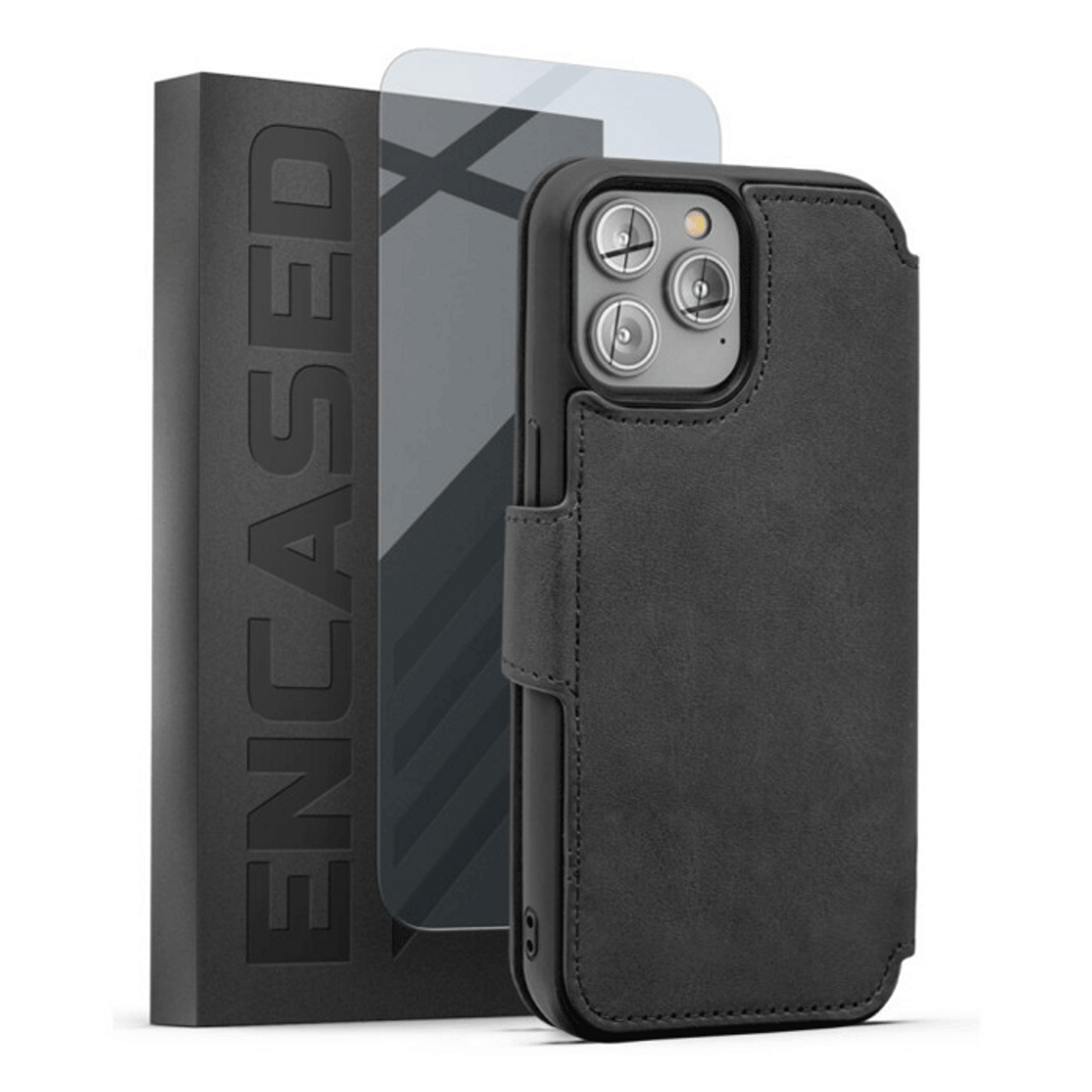 Encased Leather Folio Wallet Case with Screen Protector iPhone 14 Pro - Grey