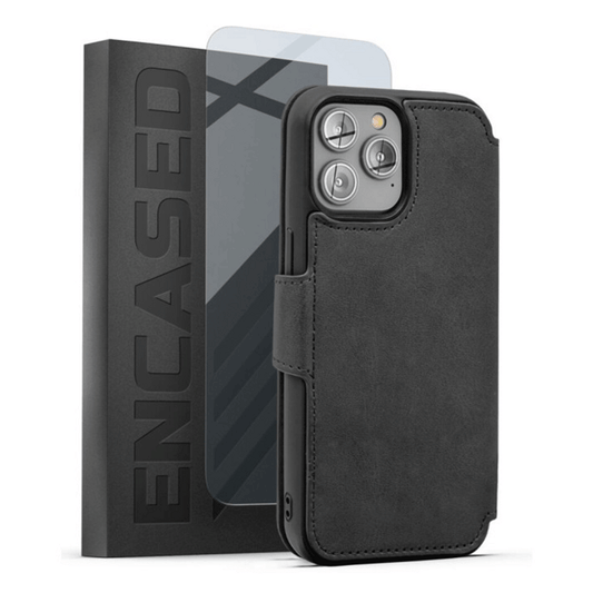 Encased Leather Folio Wallet Case with Screen Protector iPhone 14 Pro - Grey