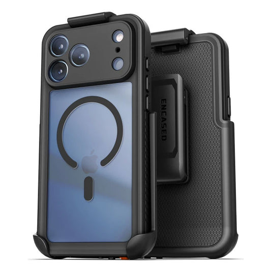 Encased Titan Waterproof Case iPhone 17 Pro Max with Belt Clip Holster - Black/Clear