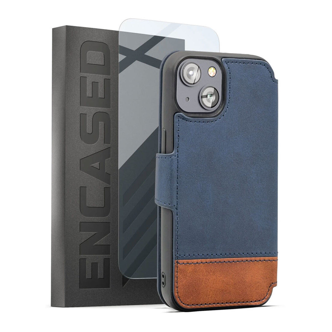 Encased Leather Folio Wallet Case with Screen Protector iPhone 14 Plus - Blue/Brown
