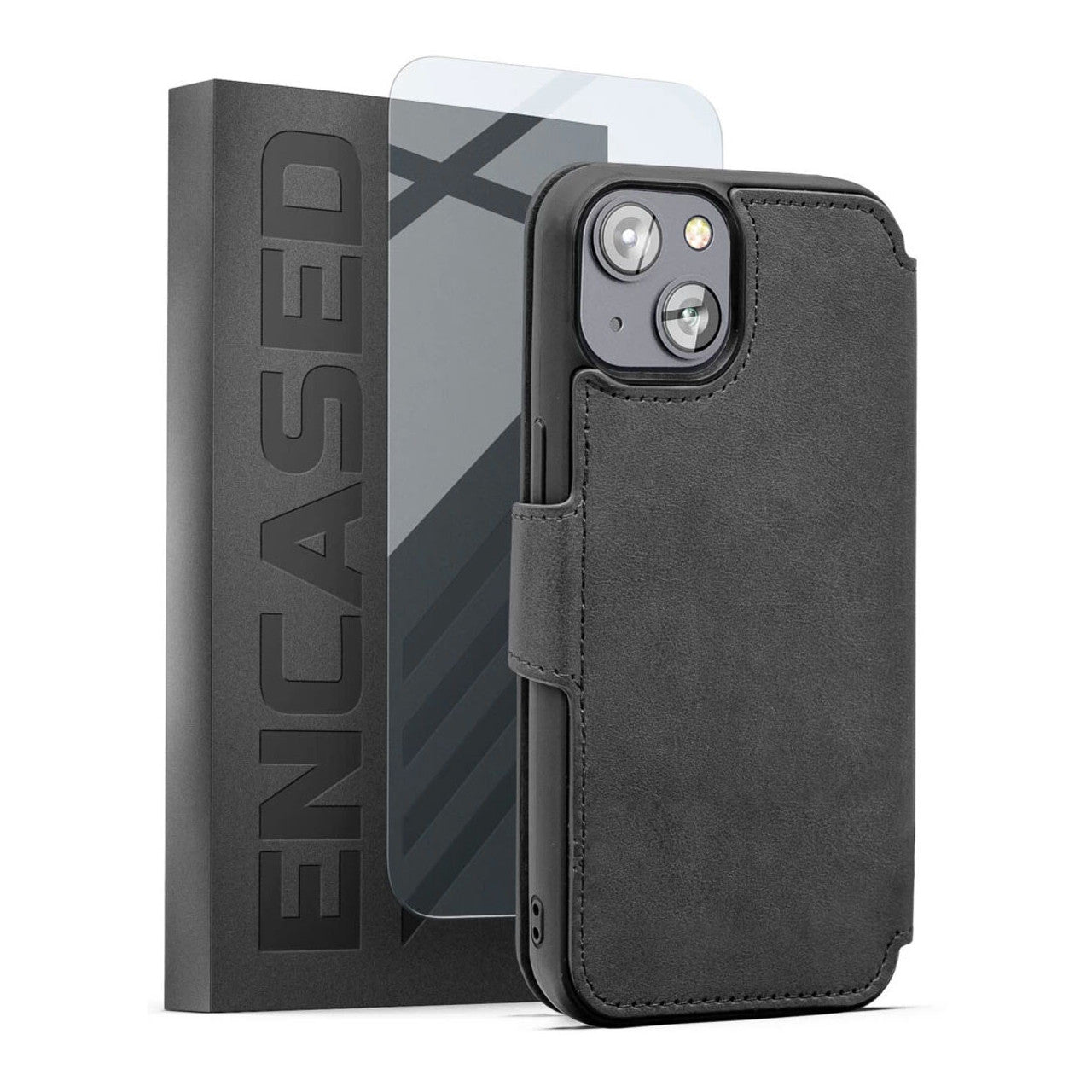 Encased Leather Folio Wallet Case with Screen Protector iPhone 14 Plus - Grey