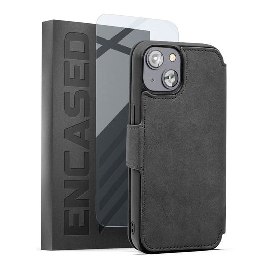 Encased Leather Folio Wallet Case with Screen Protector iPhone 14 Plus - Grey